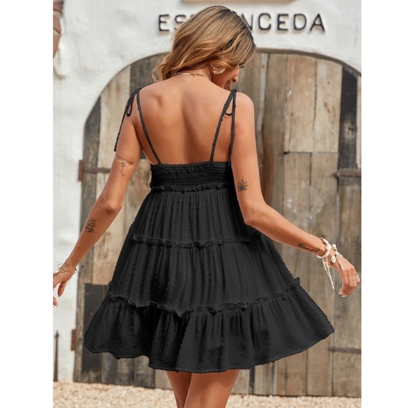 Babydoll Black Summer Mini Dress Flared - Picture 2 of 7